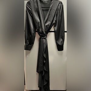 Elegant Classic Black Full Length Satin Wrap Dress